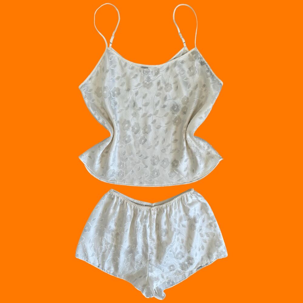 90's vintage ivory white chiffon floral 2pc pajama lingerie set LARGE
